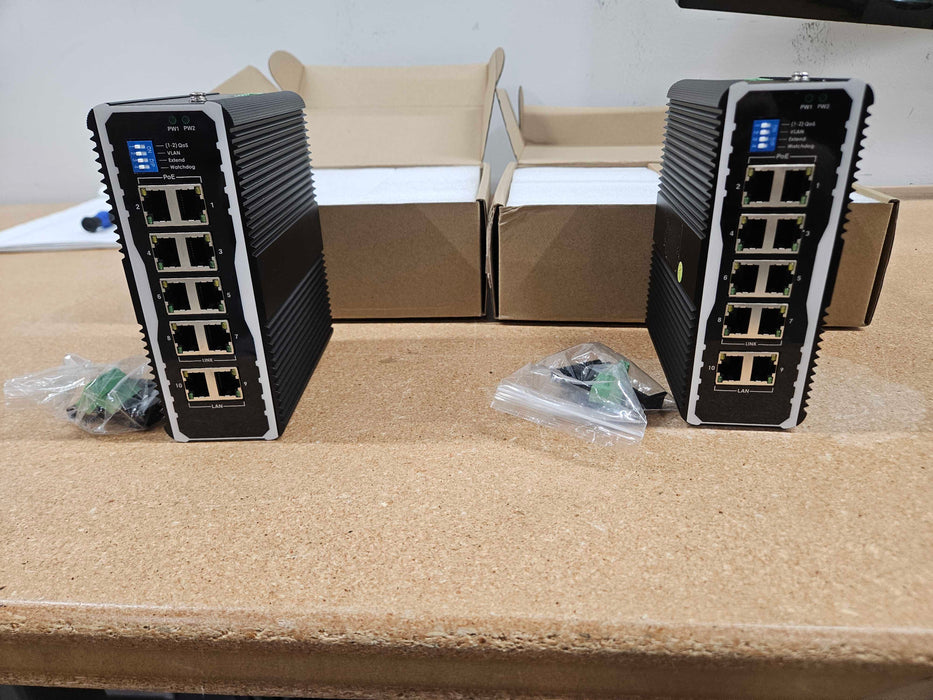2x 8 Port Industrial Gigabit POE Switch For Solar Installs, 12V–48V DC Input, POE+ 30W Per Port, 90W-120W Total