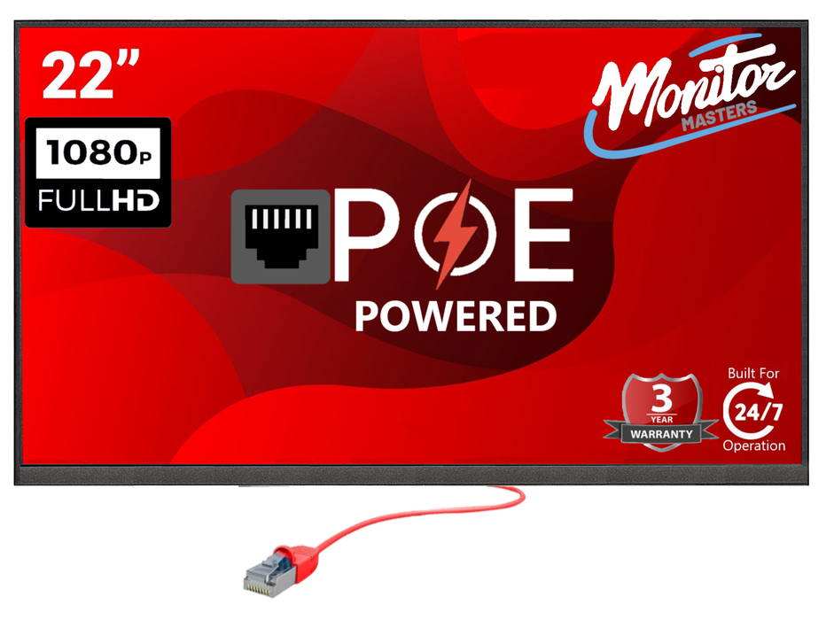 22" POE Powered Monitor, POE Output Passthrough, 12V DC Outputs, 1080p, Built In Accessory Case, Speakers