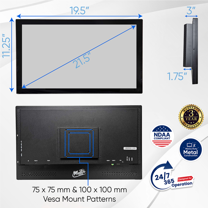 22" POE Powered Touchscreen Monitor, POE Output Passthrough, 12V DC Outputs, 1080p, Built In Accessory Case, Speakers