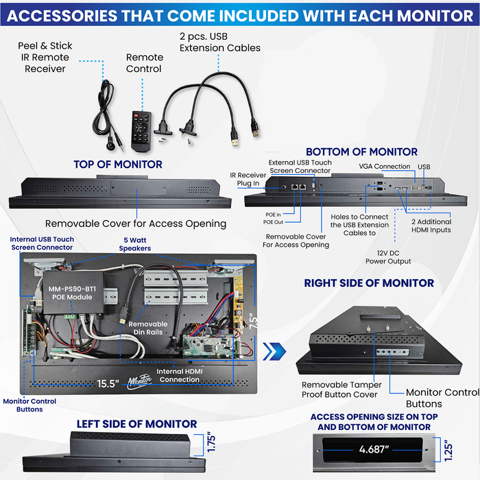 22" POE Powered Touchscreen Monitor, POE Output Passthrough, 12V DC Outputs, 1080p, Built In Accessory Case, Speakers
