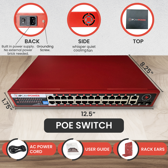 24 Port POE Network Switch W/ 2 Gigabit Uplinks, POE+ 30 Watts per Port, 360 Watts Total Budget, UL Listed, TAA Compliant