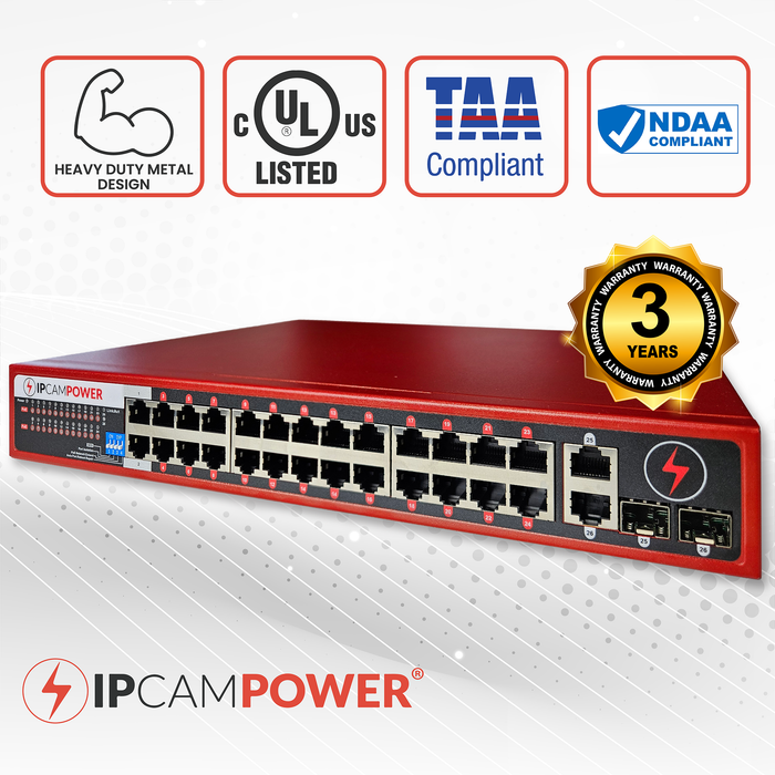 24 Port POE Network Switch W/ 2 Gigabit Uplinks, POE+ 30 Watts per Port, 360 Watts Total Budget, UL Listed, TAA Compliant