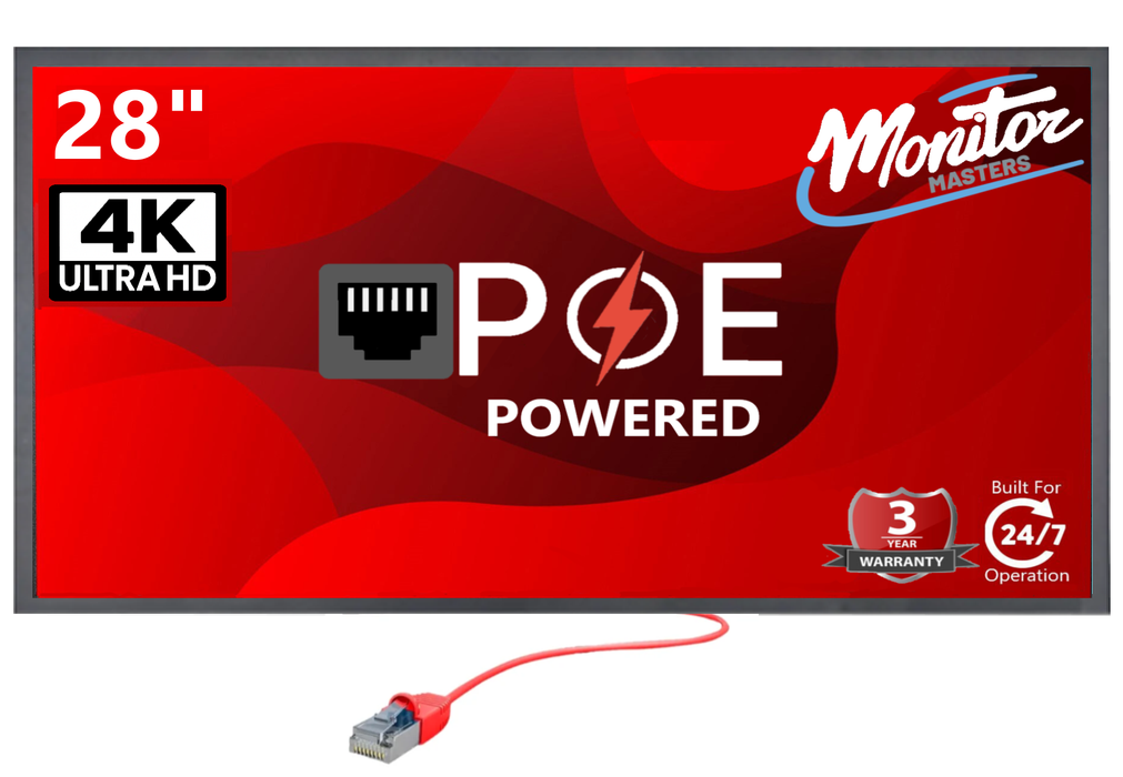 28" POE Powered Monitor, POE Output Passthrough, 12V DC Outputs, 4K, Built In Accessory Case, Speakers