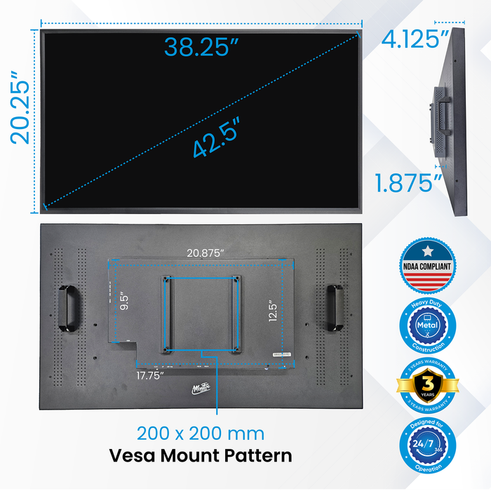 43" POE Powered Monitor, POE Output Passthrough, 24V DC Outputs, 4K, Built In Accessory Case, Speakers