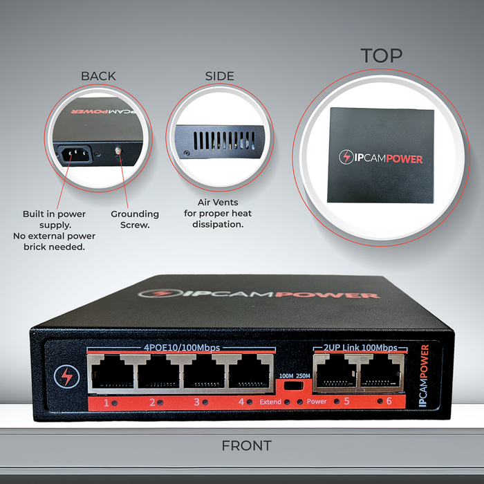 IPCamPower 6 Port Unmanaged POE Switch, 4 Port POE+ & 2 Ethernet Uplink, 802.3at 30 Watts Per Port, 60 Watt Total Budget, Extend Mode up to 820', Fanless, Metal
