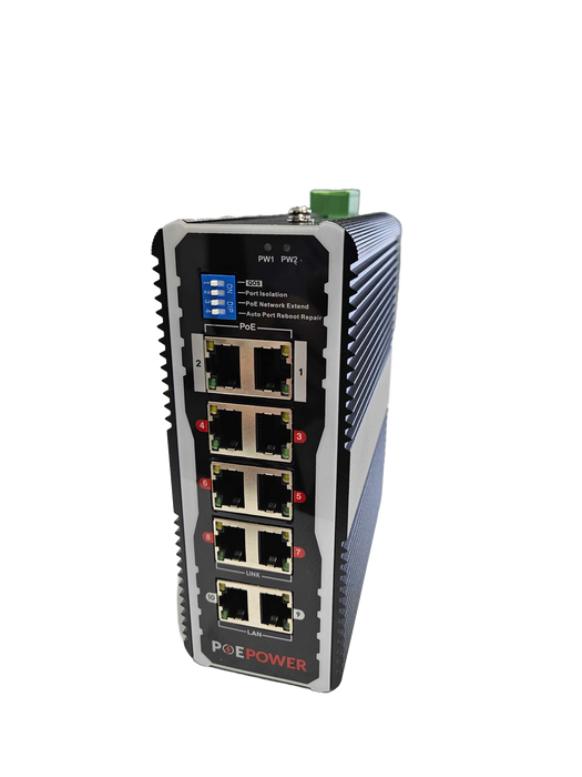 8 Port Industrial Gigabit POE Switch For Solar Installs, 12V–48V DC Input, POE+ 30W Per Port, 90W-120W Total