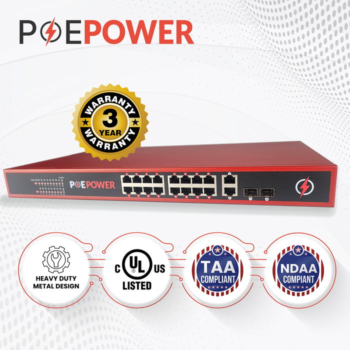 POEPower 16 Port 802.3bt POE++ Extreme Power Gigabit POE Switch, 90 Watts on Each Port, 1200 Total Watts Budget, 4 Additional Ethernet & SFP Uplinks, 10/100/1000