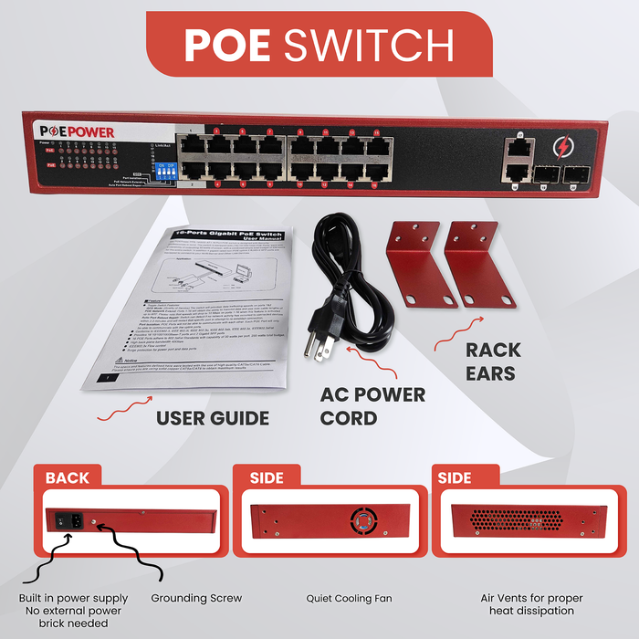 POEPower 16 Port Gigabit Unmanaged POE Switch, 30W POE+ (802.3at) per Port, 250W Max Budget, Extend Mode up to 820' Cable Runs, 16 POE & 4 Uplink, 10/100/1000