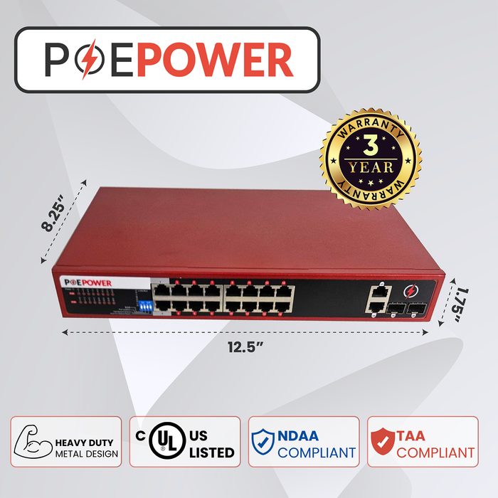 POEPower 16 Port Gigabit Unmanaged POE Switch, 30W POE+ (802.3at) per Port, 250W Max Budget, Extend Mode up to 820' Cable Runs, 16 POE & 4 Uplink, 10/100/1000