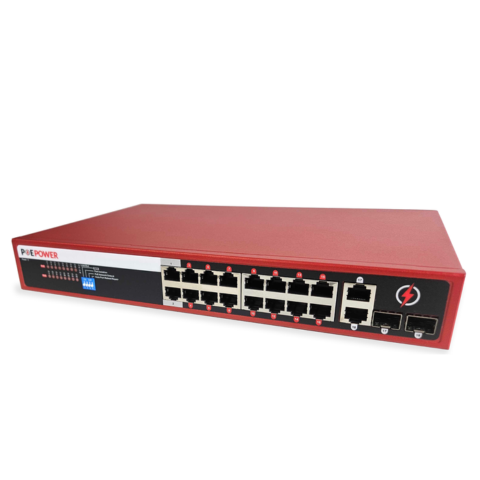 16 Port POE Network Switch W/ 2 Gigabit Uplinks, POE+ 30 Watts per Port, 200 Watts Total Budget, UL Listed, TAA Compliant