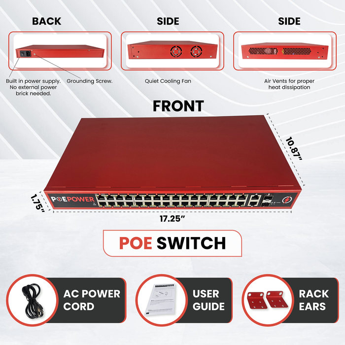 32 Port POE Network Switch W/ 2 Gigabit Uplinks, POE+ 30 Watts per Port, 470 Watts Total Budget, UL Listed, TAA Compliant