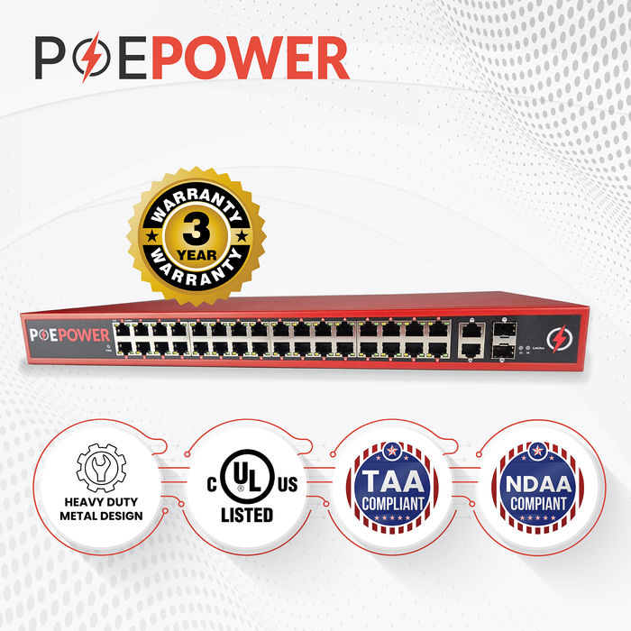 32 Port POE Network Switch W/ 2 Gigabit Uplinks, POE+ 30 Watts per Port, 470 Watts Total Budget, UL Listed, TAA Compliant