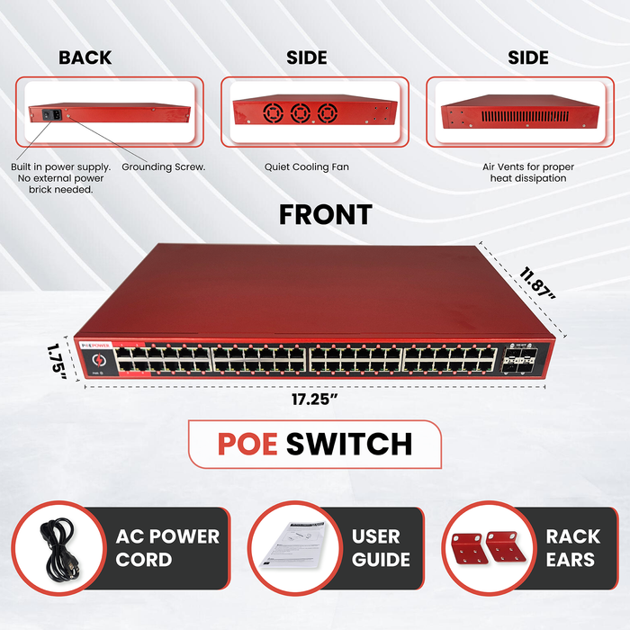 48 Port Gigabit Unmanaged POE Switch, 90W POE++ Ports 1-4,  30W POE+ Ports 5-48, 400W Budget, 4 10G SFP+ Fiber Uplink Ports
