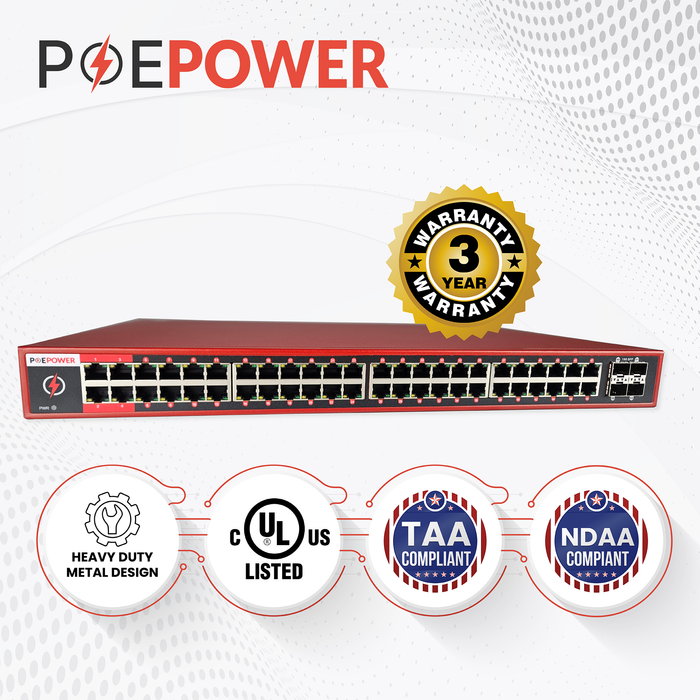 48 Port Gigabit Unmanaged POE Switch, 90W POE++ Ports 1-4,  30W POE+ Ports 5-48, 400W Budget, 4 10G SFP+ Fiber Uplink Ports