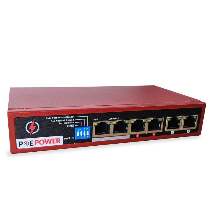POEPower 4 Port Gigabit Unmanaged POE Switch, 30W POE+ (802.3at) per port, 60W Max Budget, Extend Mode up to 820' Cable Runs, 4 POE & 2 Uplink, All Ports Gigabit 10/100/1000