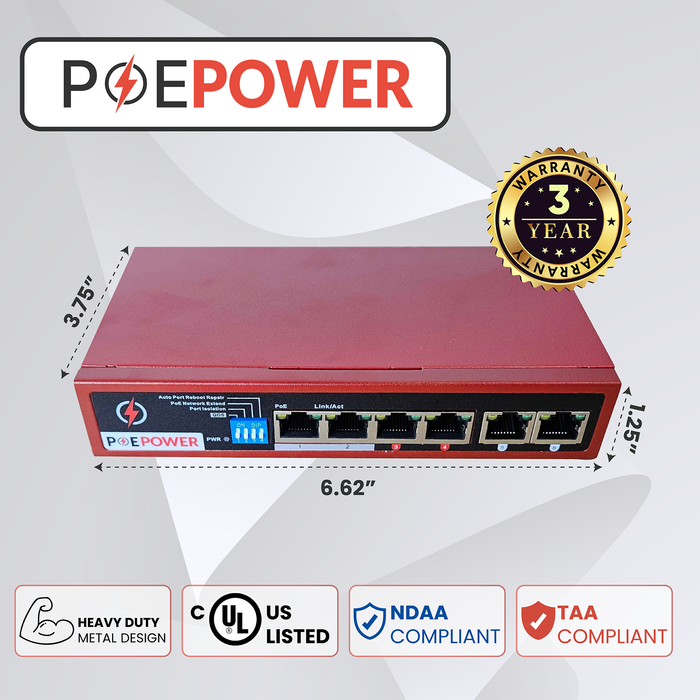 POEPower 4 Port Gigabit Unmanaged POE Switch, 30W POE+ (802.3at) per port, 60W Max Budget, Extend Mode up to 820' Cable Runs, 4 POE & 2 Uplink, All Ports Gigabit 10/100/1000