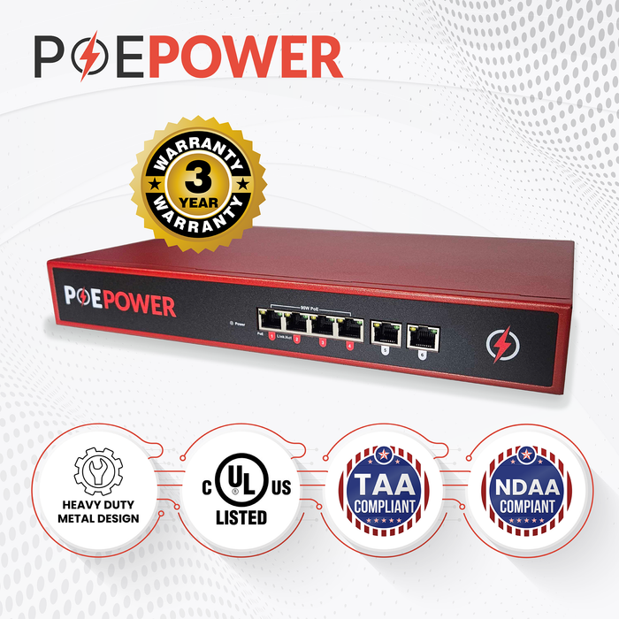 POEPower 4 Port 802.3bt POE++ Extreme Power Gigabit POE Switch, Full 90 Watts on Each Port, 380 Total Watts Budget, 2 Additional Ethernet Uplinks, 10/100/1000