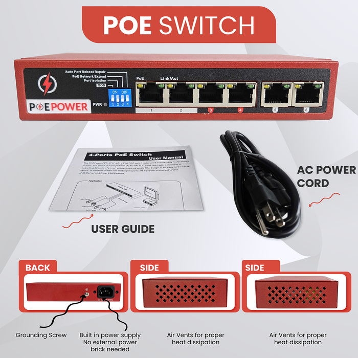 POEPower 4 Port Unmanaged POE Switch, 30W POE+ (802.3at) per port, 60W Max Budget, Extend Mode up to 820' Cable Runs, 4 POE & 2 Uplink
