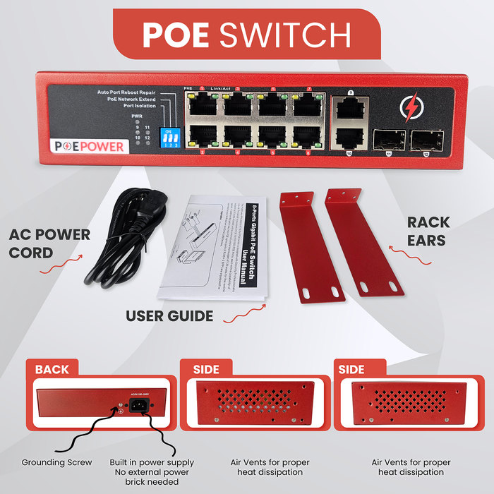 POEPower 8 Port Gigabit Unmanaged POE Switch, 30W POE+ (802.3at) per port, 120W Max Budget, Extend Mode up to 820' Cable Runs, 8 POE & 4 Uplink, All Ports Gigabit 10/100/1000