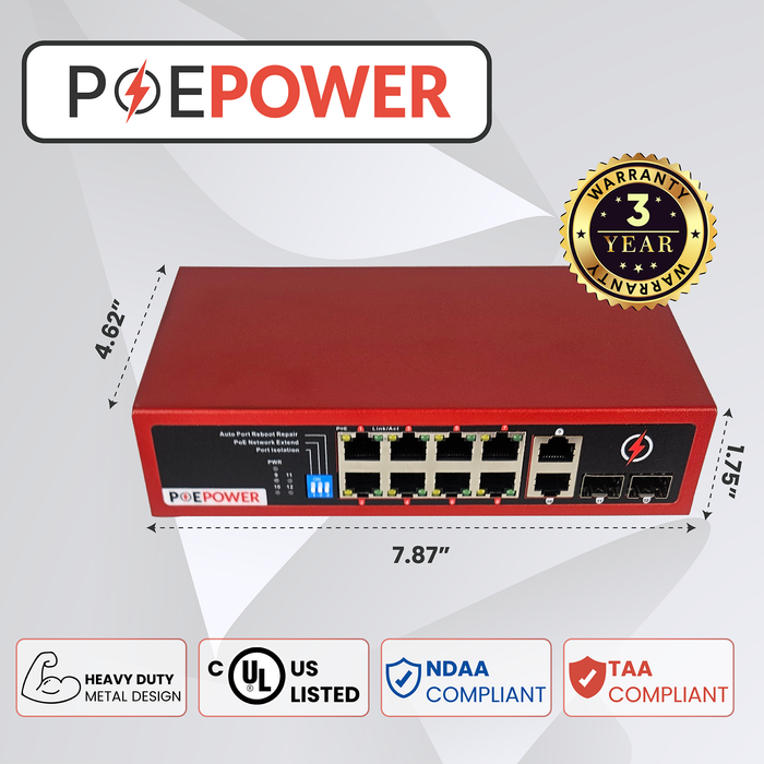 POEPower 8 Port Gigabit Unmanaged POE Switch, 30W POE+ (802.3at) per port, 120W Max Budget, Extend Mode up to 820' Cable Runs, 8 POE & 4 Uplink, All Ports Gigabit 10/100/1000