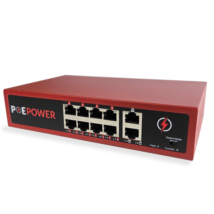 8 Port POE+ Switch & 2 Ethernet Uplink, 802.3at 30 Watts Per Port,120 Watt Total Budget, Extend Mode up to 820', Fanless, Metal