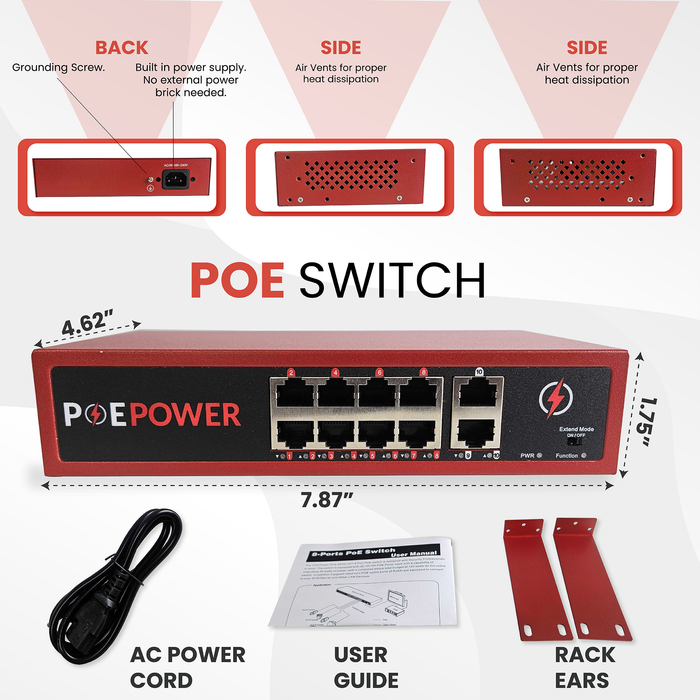 8 Port POE+ Switch & 2 Ethernet Uplink, 802.3at 30 Watts Per Port,120 Watt Total Budget, Extend Mode up to 820', Fanless, Metal