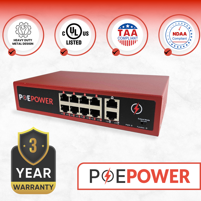8 Port POE+ Switch & 2 Ethernet Uplink, 802.3at 30 Watts Per Port,120 Watt Total Budget, Extend Mode up to 820', Fanless, Metal