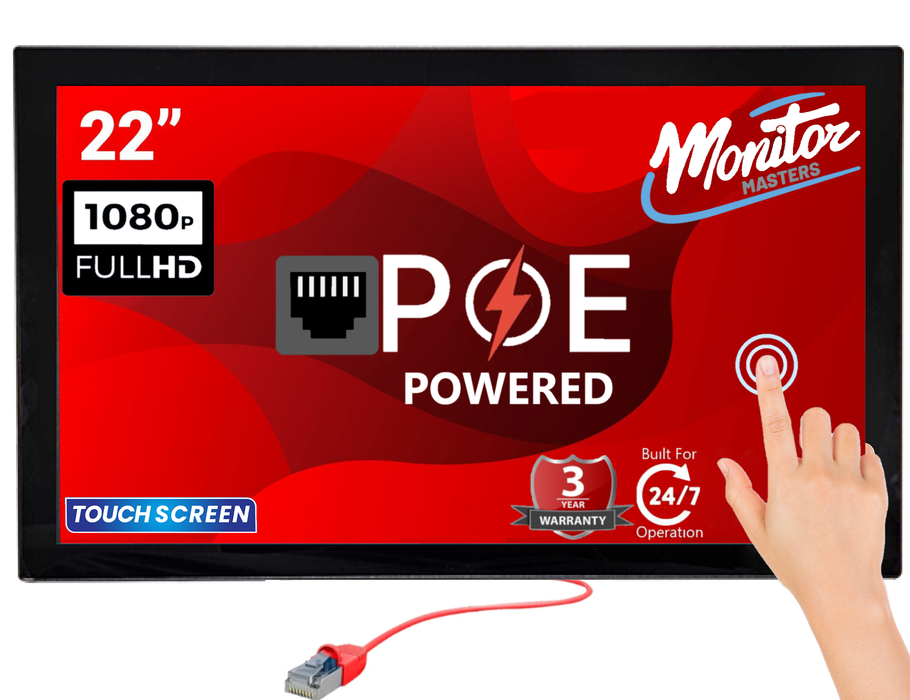 22" POE Powered Touchscreen Monitor, POE Output Passthrough, 12V DC Outputs, 1080p, Built In Accessory Case, Speakers