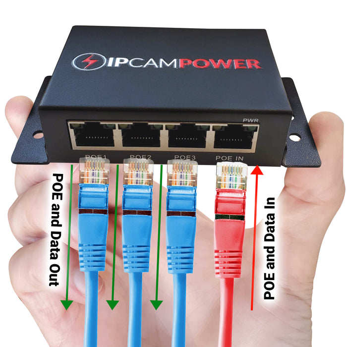 POE Powered 3 Port Switch & Network Cat5 Cat6 Midspan Cable Range Extender Pass Through Repeater for IP Cameras - Run Cables up to 1148