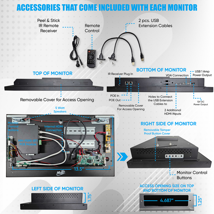 22" POE Powered Monitor, POE Output Passthrough, 12V DC Outputs, 1080p, Built In Accessory Case, Speakers