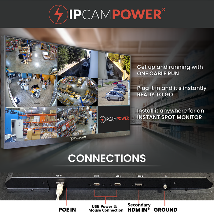 IPCamPower 27" POE-Powered CCTV Spot Monitor with Integrated 8 Channel IP Camera Decoder, Compatible w/ Most IP Cameras, Built-in Speakers, Vesa, Public View and Secondary Monitor, PVM, 1080P IPCP-SPOTMONITOR(27)