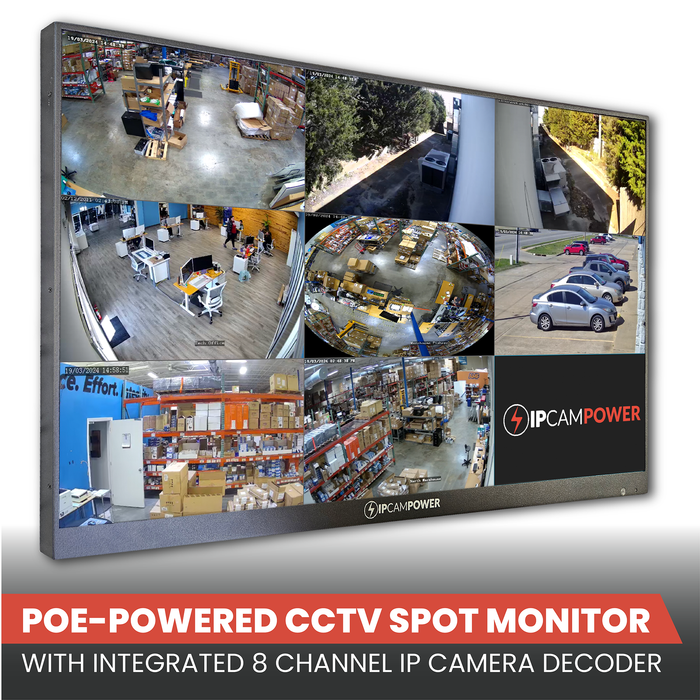 IPCamPower 27" POE-Powered CCTV Spot Monitor with Integrated 8 Channel IP Camera Decoder, Compatible w/ Most IP Cameras, Built-in Speakers, Vesa, Public View and Secondary Monitor, PVM, 1080P IPCP-SPOTMONITOR(27)