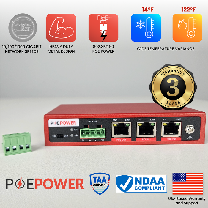 Extreme Power 144 Watt POE to 12V or 24V Converter w/ POE Pass Through 802.3bt, Gigabit POE Power Splitter and Injector Combo