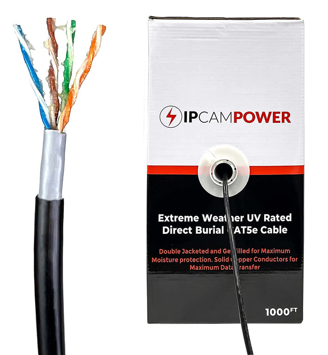 IPCamPower CAT5e Cable 1000' Gel Filled Direct Burial Double Jacketed Weatherproof Waterproof UV Rated Solid Copper, Easy Pull Box