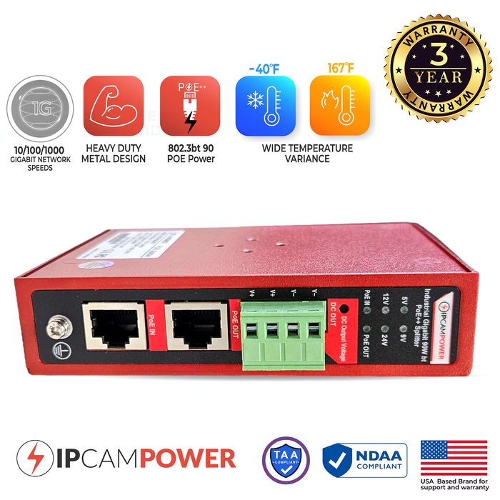 Industrial Grade POE to Selectable DC (5V, 9V, 12V, 24V) Converter w/ POE Pass Through 802.3af/at/bt, Gigabit POE Power Splitter