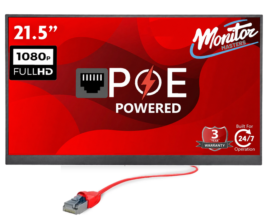 21.5" POE Powered Monitor, POE Output Passthrough, 12V DC Outputs, 1080p, Speakers, Built In Accessory Case