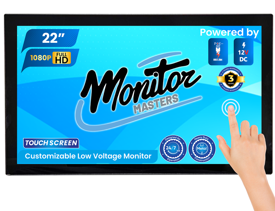 Customizable 22” Commercial-Grade LCD Touch Screen Monitor – AV Display, 1080p, 12V DC or POE Power