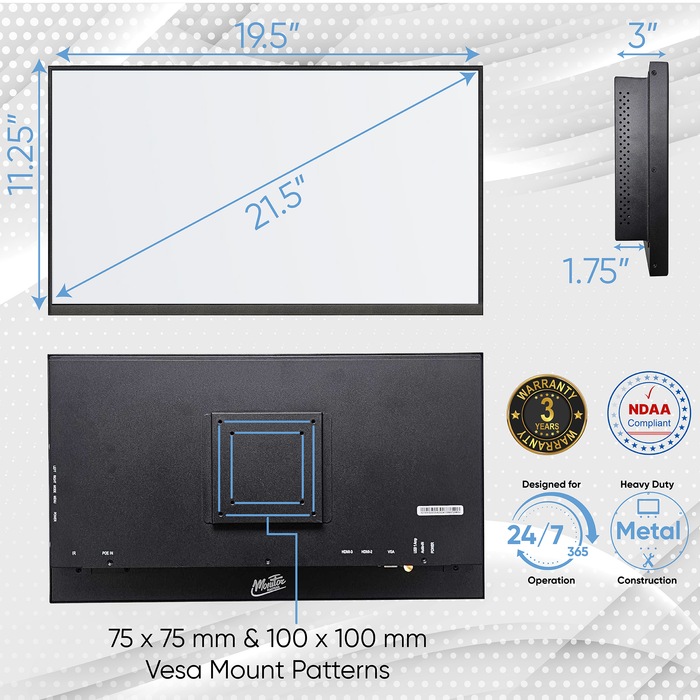 Customizable 22” Commercial-Grade LCD Monitor – AV Display, 1080p, 12V DC or POE Power