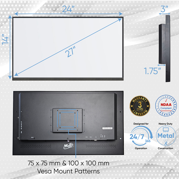 Customizable 27” Commercial Grade LCD Monitor – AV Display, 1080p, 12V DC or POE Power