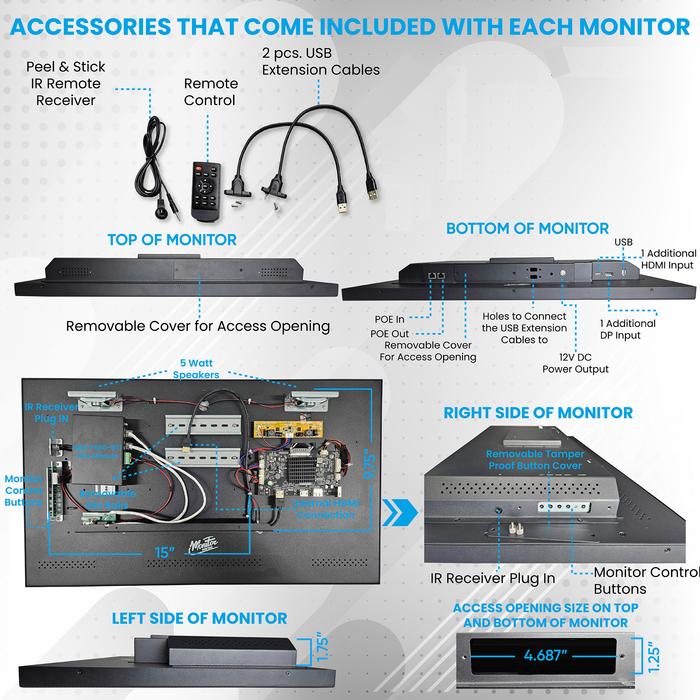 28" POE Powered Monitor, POE Output Passthrough, 12V DC Outputs, 4K, Built In Accessory Case, Speakers