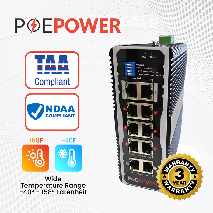 8 Port Industrial Gigabit POE Switch For Solar Installs, 12V–48V DC Input, POE+ 30W Per Port, 90W-120W Total