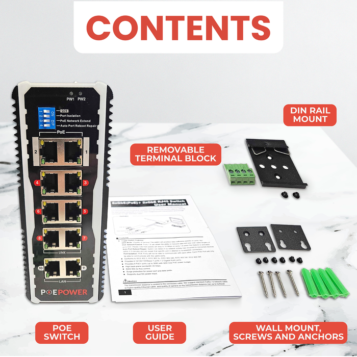 8 Port Industrial Gigabit POE Switch For Solar Installs, 12V–48V DC Input, POE+ 30W Per Port, 90W-120W Total