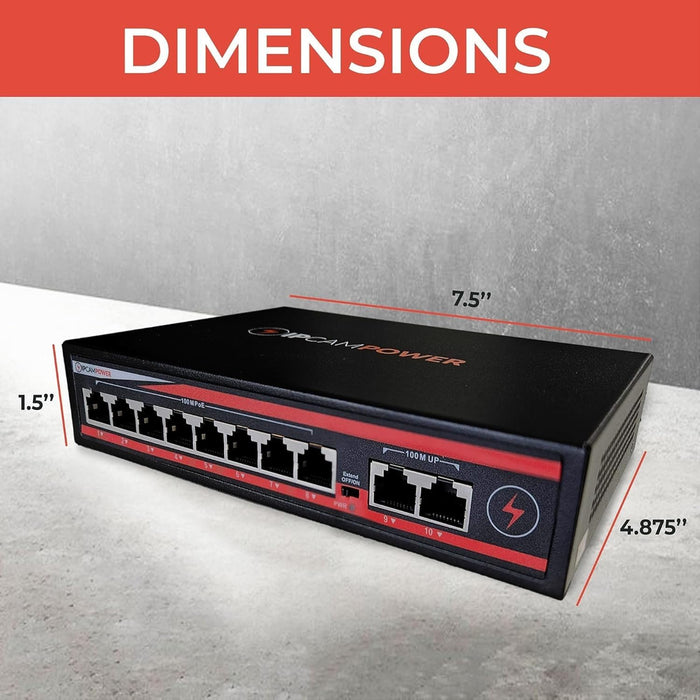 10 Port Unmanaged POE Switch, 8 Port POE+ & 2 Ethernet Uplink, 802.3at 30 Watts Per Port,120 Watt Total Budget, Extend Mode up to 820', Fanless, Metal