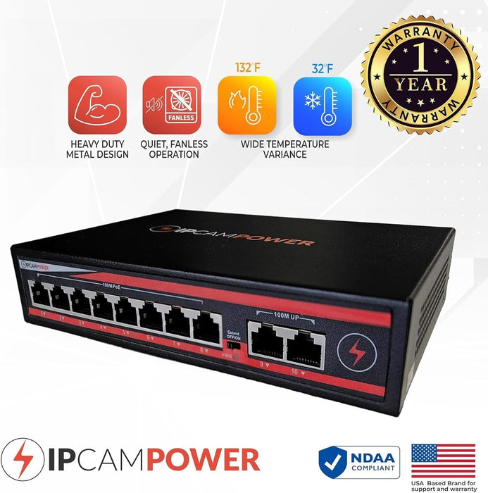 10 Port Unmanaged POE Switch, 8 Port POE+ & 2 Ethernet Uplink, 802.3at 30 Watts Per Port,120 Watt Total Budget, Extend Mode up to 820', Fanless, Metal