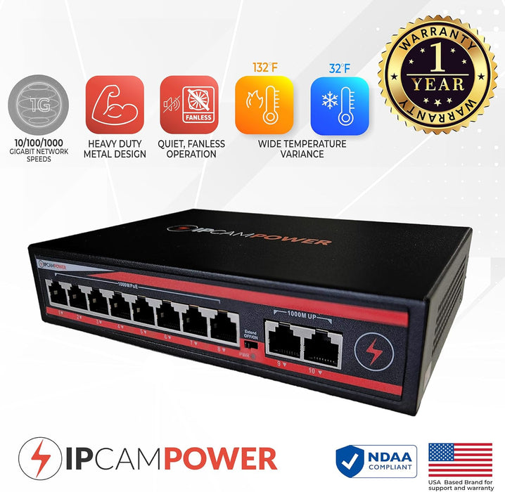 10 Port Gigabit Unmanaged POE Switch, 8 Port POE+ & 2 Ethernet Uplink, 802.3at 30 Watts Per Port, 120 Watt Total Budget, Extend Mode up to 820', Fanless, Metal