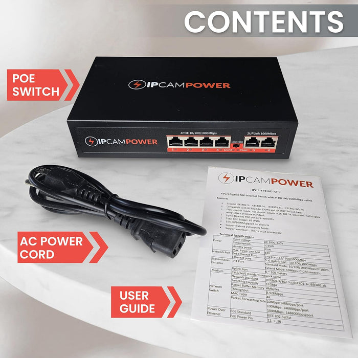 6 Port Unmanaged Gigabit POE Switch, 4 Port POE+ & 2 Ethernet Uplink, 802.3at 30 Watts Per Port, 60 Watt Total Budget, Extend Mode up to 820', Fanless, Metal