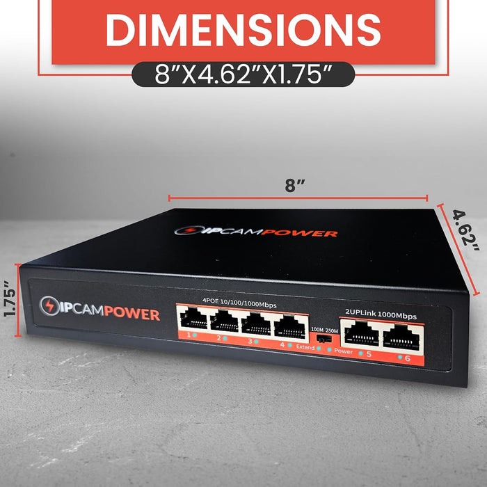 6 Port Unmanaged Gigabit POE Switch, 4 Port POE+ & 2 Ethernet Uplink, 802.3at 30 Watts Per Port, 60 Watt Total Budget, Extend Mode up to 820', Fanless, Metal