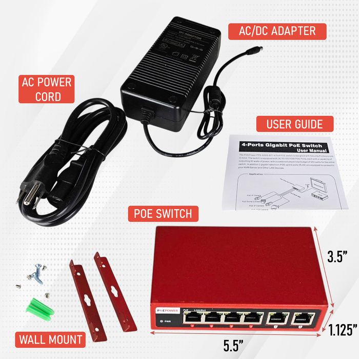 POEPower 4 Port 802.3bt POE++ Extreme Power Gigabit POE Switch, 90 Watts on Each Port, 250 Total Watts Budget, 2 Additional Uplinks, 10/100/1000