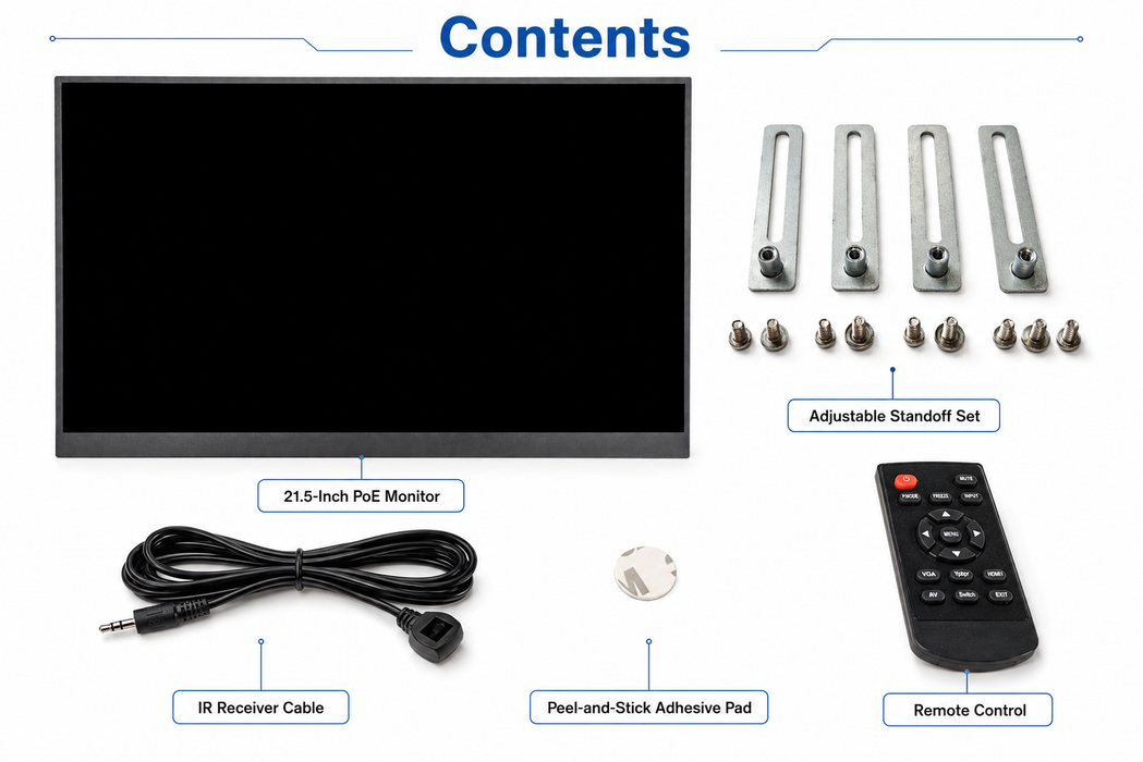 21.5" POE Powered Monitor, POE Output Passthrough, 12V DC Outputs, 1080p, Speakers, Built In Accessory Case