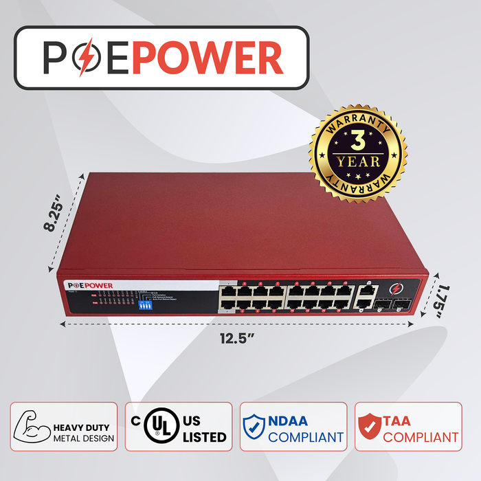 16 Port POE Network Switch W/ 2 Gigabit Uplinks, POE+ 30 Watts per Por ...